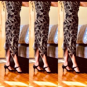 NWOT-Silk Black & Tan Silk Midi Dress